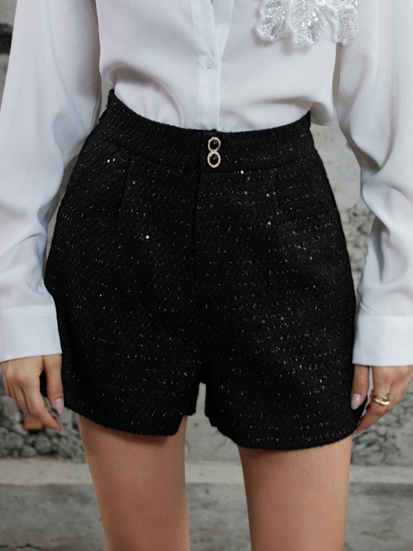 Къси панталони с висока талия от полиестер (95%+), дължина hot pants, грубо тъкана материя, сатенено лъскав завършек, европейско-американски стил