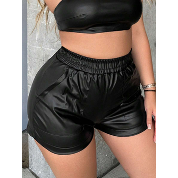 Σορτς PU δέρμα με ελαστική μέση, κεκλιμένες τσέπες, κοντή γραμμή, ρετρό στυλ