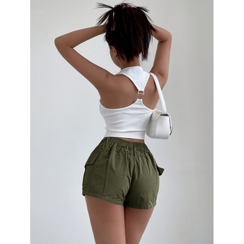 Cargo σορτς μέσης, χαλαρή γραμμή, μονόχρωμα, CVC μίξη βαμβακιού, μήκος 9/10, ρετρό στυλ