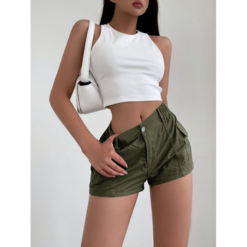 Cargo σορτς μέσης, χαλαρή γραμμή, μονόχρωμα, CVC μίξη βαμβακιού, μήκος 9/10, ρετρό στυλ