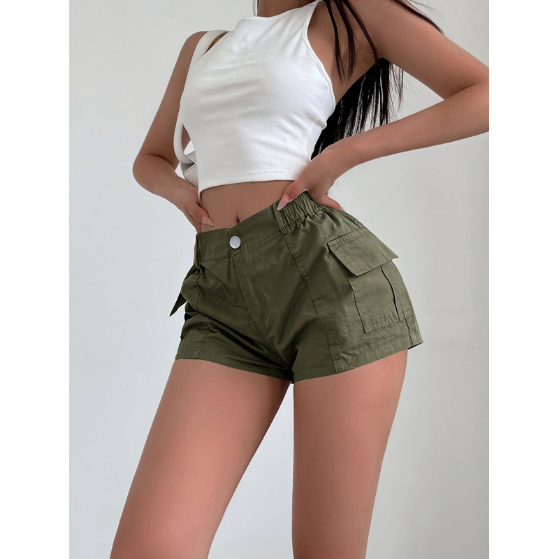 Cargo σορτς μέσης, χαλαρή γραμμή, μονόχρωμα, CVC μίξη βαμβακιού, μήκος 9/10, ρετρό στυλ