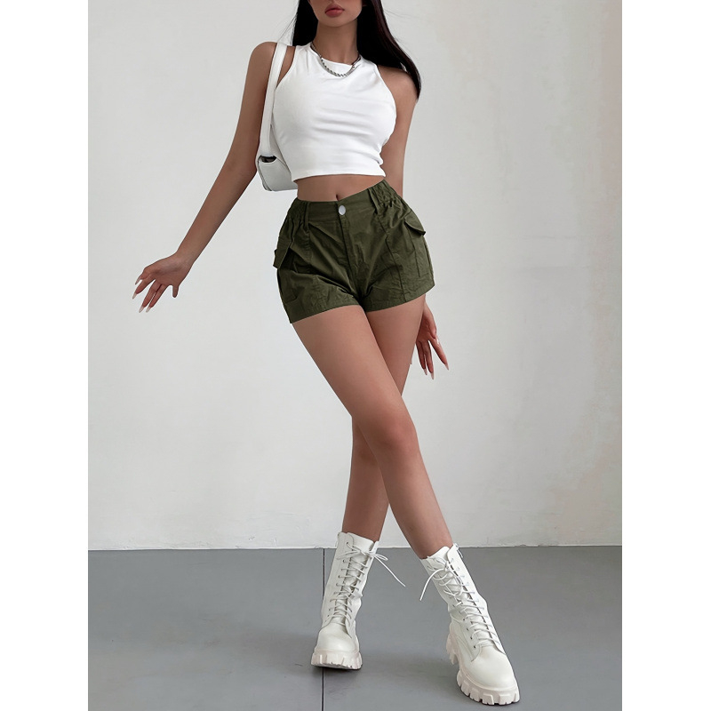 Cargo σορτς μέσης, χαλαρή γραμμή, μονόχρωμα, CVC μίξη βαμβακιού, μήκος 9/10, ρετρό στυλ