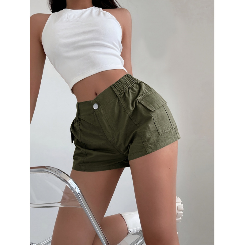 Cargo σορτς μέσης, χαλαρή γραμμή, μονόχρωμα, CVC μίξη βαμβακιού, μήκος 9/10, ρετρό στυλ