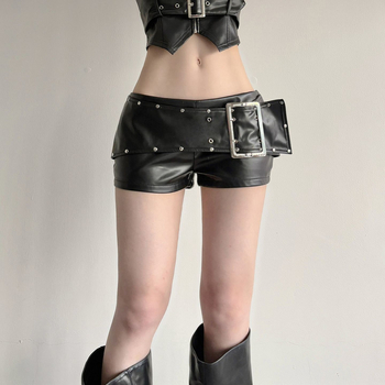 PU кожени къси панталони със ципове и шипове, ниска талия, пачворк дизайн, 2025 пролет