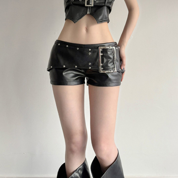PU кожени къси панталони със ципове и шипове, ниска талия, пачворк дизайн, 2025 пролет