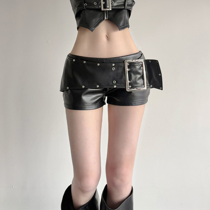 PU кожени къси панталони със ципове и шипове, ниска талия, пачворк дизайн, 2025 пролет
