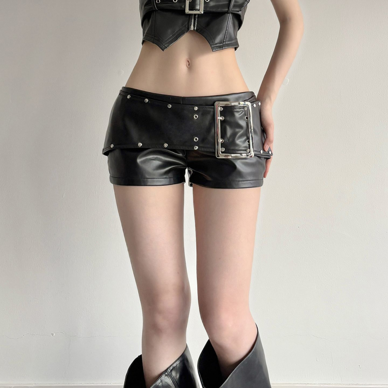 PU кожени къси панталони със ципове и шипове, ниска талия, пачворк дизайн, 2025 пролет