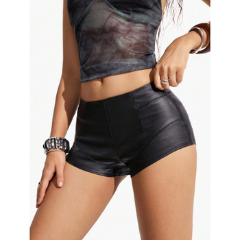 Σορτς PU δέρμα, στυλ βίνταζ, μήκος 9/10, φαρδιά γραμμή, ελαφριά ελαστικότητα
