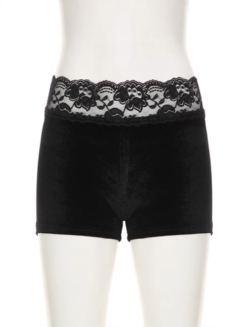 Velūro šortai su džakardo nėrinių dizainu, žemas liemuo, mikroelastika, aukštos temperatūros formavimas