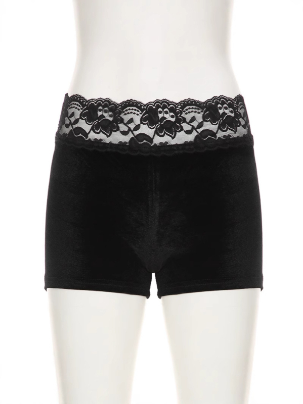 Velūro šortai su džakardo nėrinių dizainu, žemas liemuo, mikroelastika, aukštos temperatūros formavimas