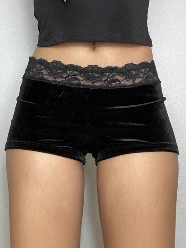 Velūro šortai su džakardo nėrinių dizainu, žemas liemuo, mikroelastika, aukštos temperatūros formavimas