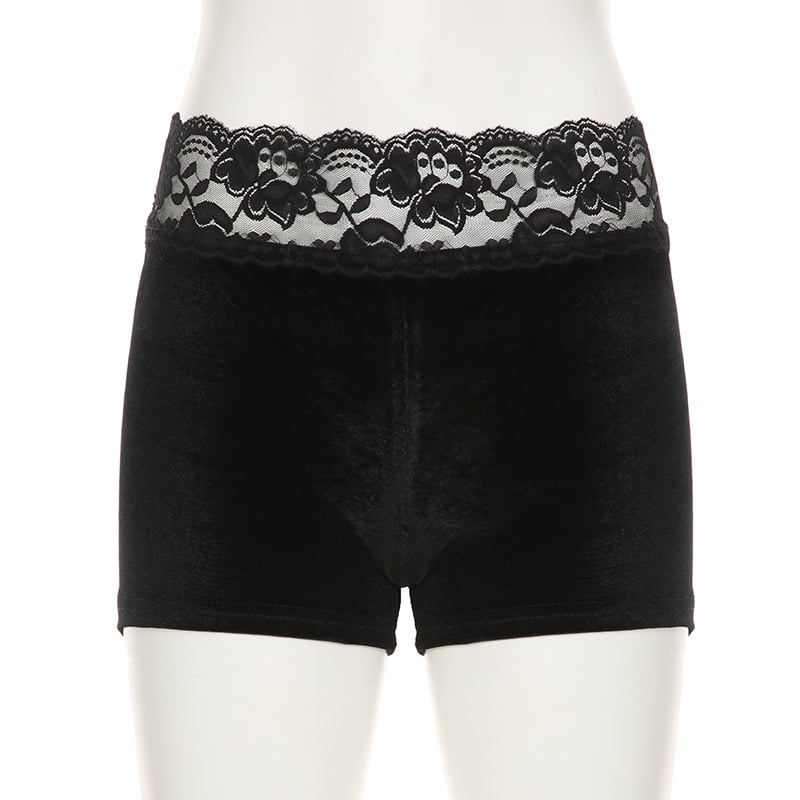 Velūro šortai su džakardo nėrinių dizainu, žemas liemuo, mikroelastika, aukštos temperatūros formavimas