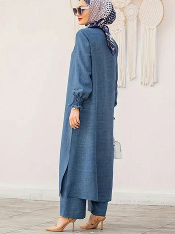 Σετ Abaya για γυναίκες – πουκάμισο με μακριά μανίκια σε στυλ λωτού και μακριά ρόμπα με παντελόνια; πολυεστέρας 95%+; μεσαίου μήκους φόρεμα; μοντέλο SC451