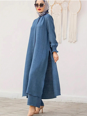 Σετ Abaya για γυναίκες – πουκάμισο με μακριά μανίκια σε στυλ λωτού και μακριά ρόμπα με παντελόνια; πολυεστέρας 95%+; μεσαίου μήκους φόρεμα; μοντέλο SC451