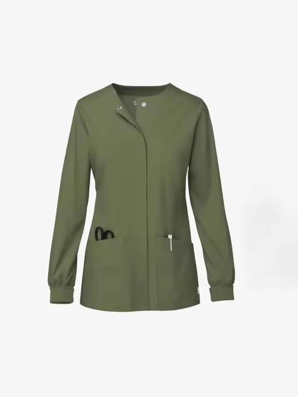 Dámsky uniformný top pre sestry – elastický, rýchloschnúci, proti postrekom, dlhé rukávy, nemocnica/klinika; 65% polyester, 35% bavlna (zmes chemických vlákien).