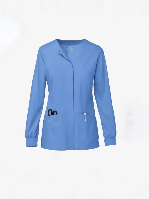 Dámsky uniformný top pre sestry – elastický, rýchloschnúci, proti postrekom, dlhé rukávy, nemocnica/klinika; 65% polyester, 35% bavlna (zmes chemických vlákien).