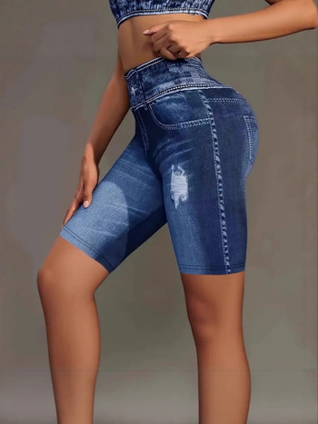 Йога панталони с деним принт, петточков модел, тесен силует, дишащи