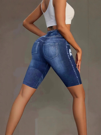 Йога панталони с деним принт, петточков модел, тесен силует, дишащи