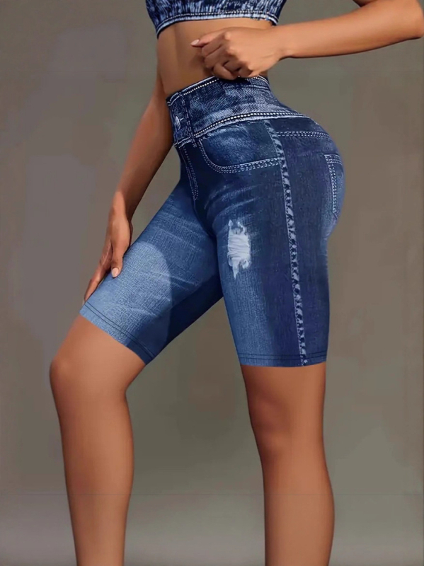 Йога панталони с деним принт, петточков модел, тесен силует, дишащи