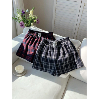 H 48280 Καρό σορτς με φαρδιά γραμμή, cropped μήκος, άνετη εφαρμογή, ελαφρά ελαστικά, βαμβάκι-CVC