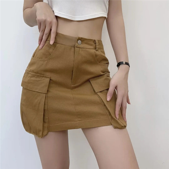 Φούστα εργασίας σε στυλ Ευρώπη-Αμερική, με μεγάλες τσέπες, μονόχρωμη, βαμβακερό μείγμα 70–80%, καλοκαίρι 2023