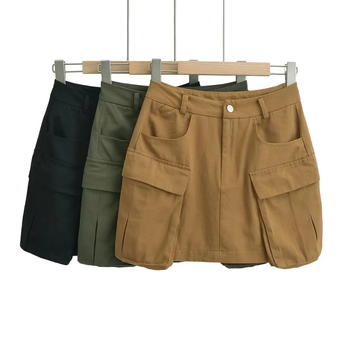 Φούστα εργασίας σε στυλ Ευρώπη-Αμερική, με μεγάλες τσέπες, μονόχρωμη, βαμβακερό μείγμα 70–80%, καλοκαίρι 2023