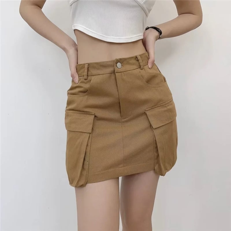 Φούστα εργασίας σε στυλ Ευρώπη-Αμερική, με μεγάλες τσέπες, μονόχρωμη, βαμβακερό μείγμα 70–80%, καλοκαίρι 2023