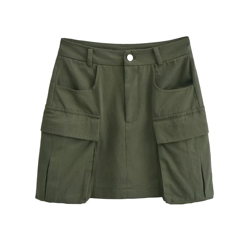 Φούστα εργασίας σε στυλ Ευρώπη-Αμερική, με μεγάλες τσέπες, μονόχρωμη, βαμβακερό μείγμα 70–80%, καλοκαίρι 2023