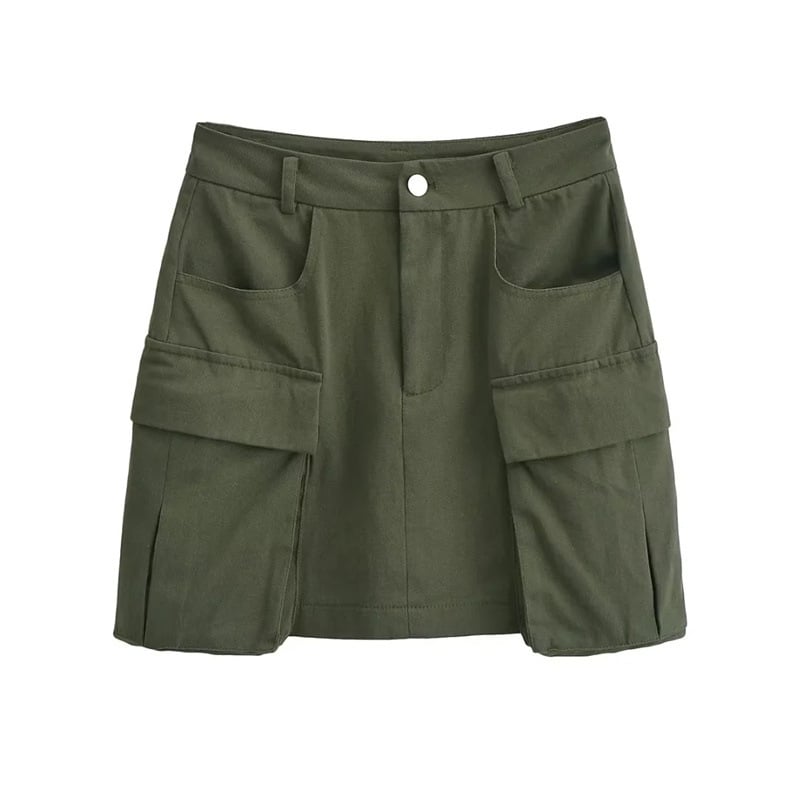 Φούστα εργασίας σε στυλ Ευρώπη-Αμερική, με μεγάλες τσέπες, μονόχρωμη, βαμβακερό μείγμα 70–80%, καλοκαίρι 2023