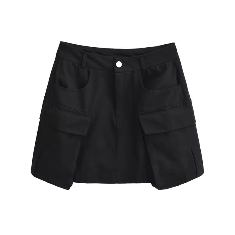 Φούστα εργασίας σε στυλ Ευρώπη-Αμερική, με μεγάλες τσέπες, μονόχρωμη, βαμβακερό μείγμα 70–80%, καλοκαίρι 2023