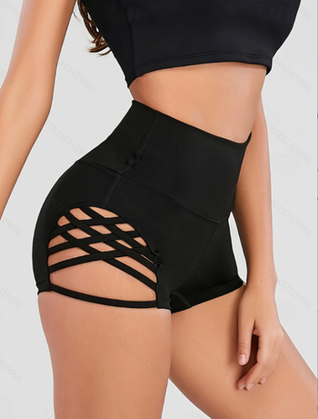 Дамски спортни къси панталони с висока талия и мрежести панели – полиестер-спандекс смес, стегнато прилягане, средна еластичност, повдигане на седалището
