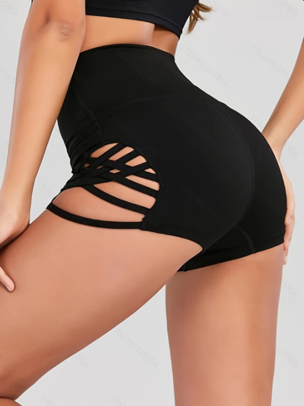 Дамски спортни къси панталони с висока талия и мрежести панели – полиестер-спандекс смес, стегнато прилягане, средна еластичност, повдигане на седалището