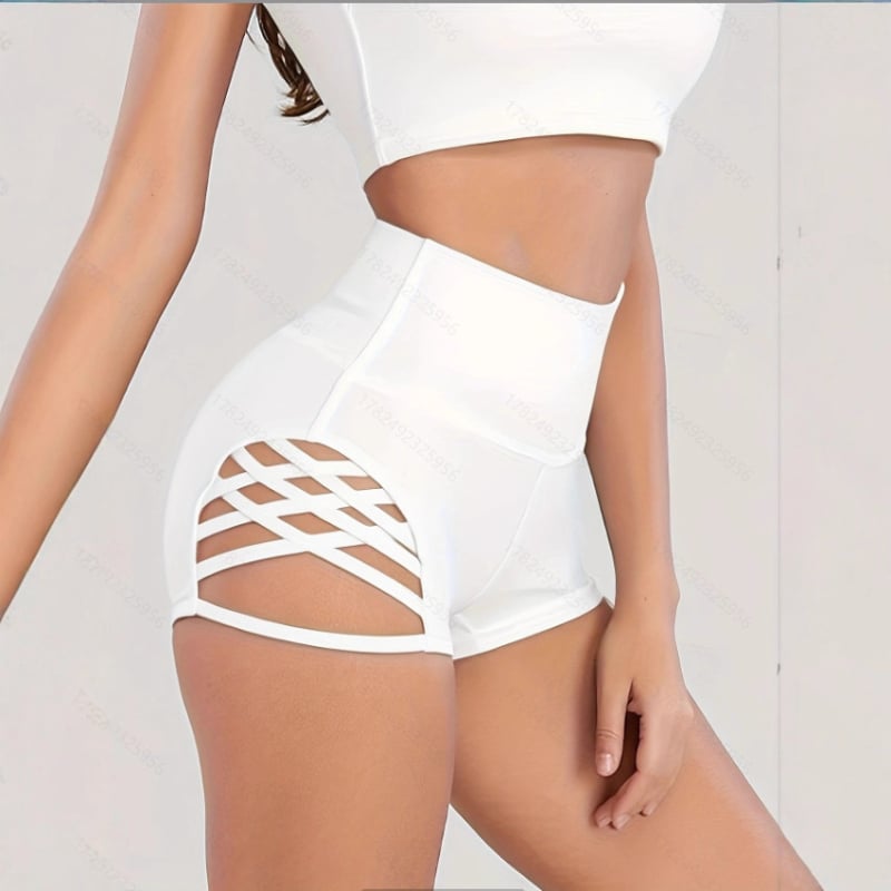 Дамски спортни къси панталони с висока талия и мрежести панели – полиестер-спандекс смес, стегнато прилягане, средна еластичност, повдигане на седалището