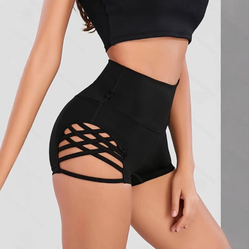 Дамски спортни къси панталони с висока талия и мрежести панели – полиестер-спандекс смес, стегнато прилягане, средна еластичност, повдигане на седалището