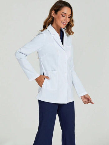 Εργαστηριακό λουκ / Ιατρική στολή με γιακά τύπου ρεβέρ, μακριά μανίκια, πολλαπλές τσέπες, πολυεστερικό ύφασμα που απομακρύνει την υγρασία