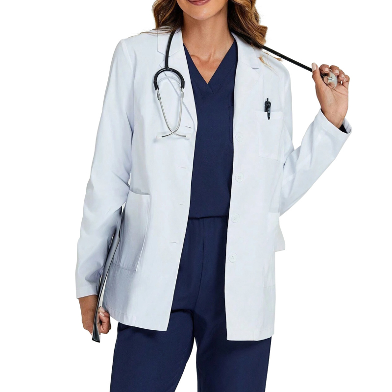 Halat de laborator / Uniformă medicală cu gulă rever, mâneci lungi, buzunare multiple, poliester care evacuează umezeala