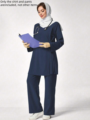 Двоен комплект медицински униформи - топ с дълъг ръкав и панталони, влагоотвеждащ полиестер/SPandex, женски, кръгло деколте, редовна дължина