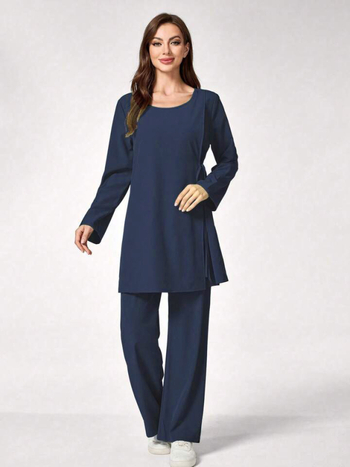 Σετ ιατρικής στολής δύο τεμαχίων - μακρυμάνικη μπλούζα με στρογγυλό λαιμό και παντελόνια, πολυεστέρας-σπάντεξ με απομάκρυνση υγρασίας, γυναικείο, κανονική εφαρμογή