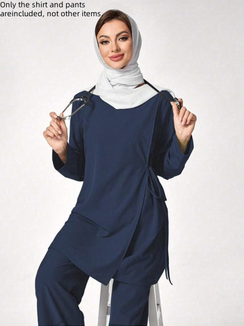 Σετ ιατρικής στολής δύο τεμαχίων - μακρυμάνικη μπλούζα με στρογγυλό λαιμό και παντελόνια, πολυεστέρας-σπάντεξ με απομάκρυνση υγρασίας, γυναικείο, κανονική εφαρμογή