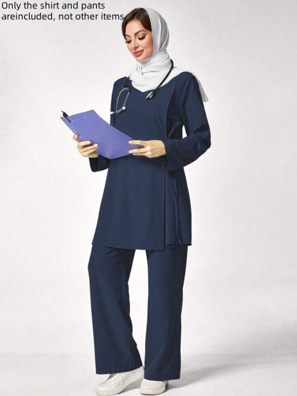 Двоен комплект медицински униформи - топ с дълъг ръкав и панталони, влагоотвеждащ полиестер/SPandex, женски, кръгло деколте, редовна дължина