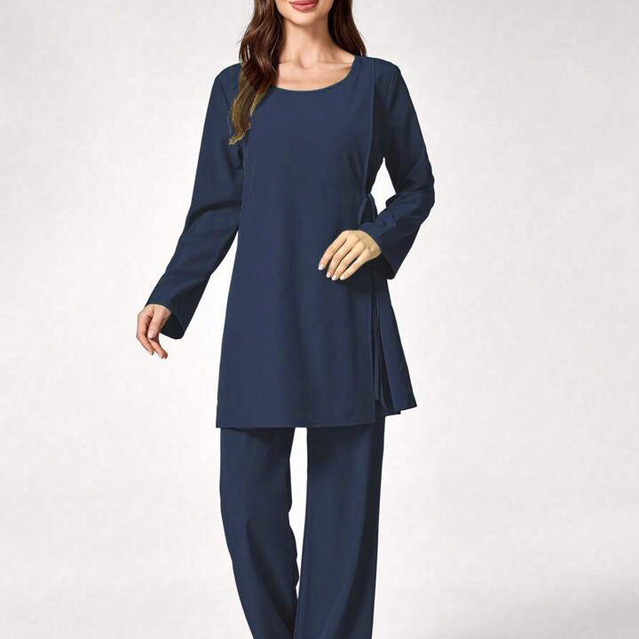 Двоен комплект медицински униформи - топ с дълъг ръкав и панталони, влагоотвеждащ полиестер/SPandex, женски, кръгло деколте, редовна дължина