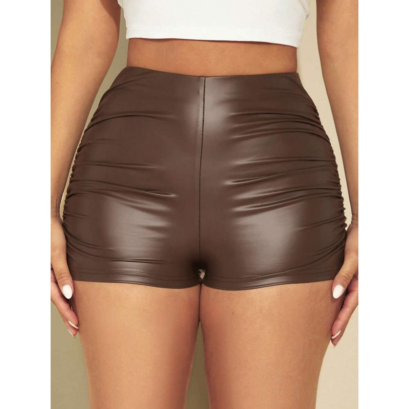 Șorturi cu patchwork din piele PU, lungime gleznă, croială lejeră, ușoară elasticitate, țesătură CVC