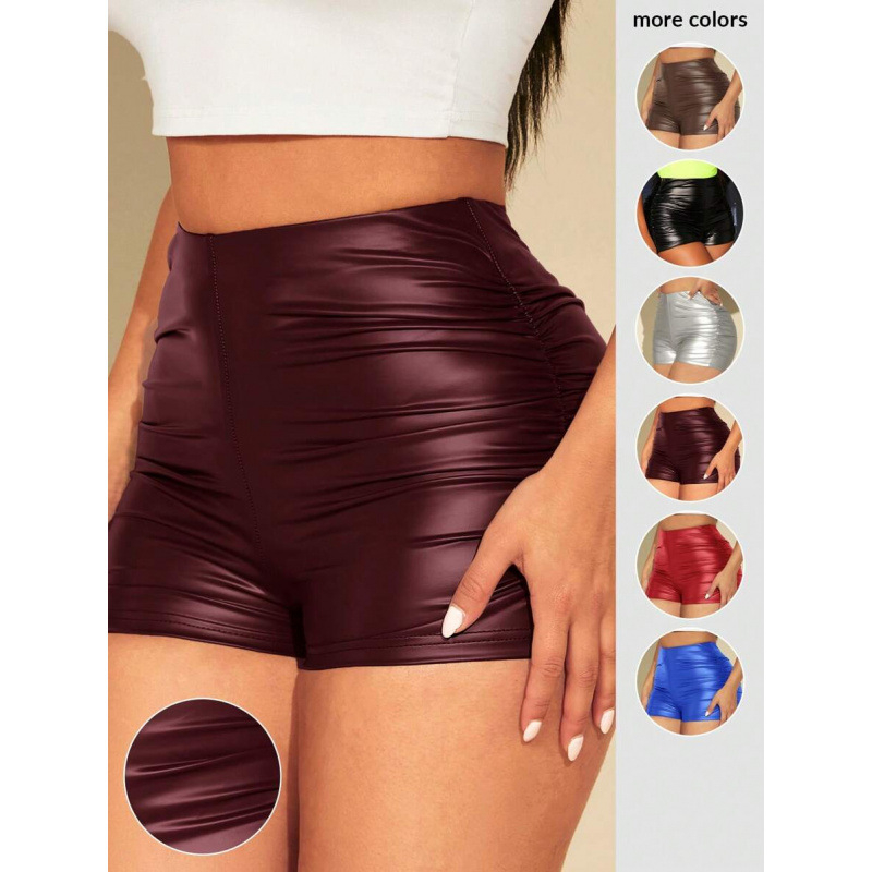 Șorturi cu patchwork din piele PU, lungime gleznă, croială lejeră, ușoară elasticitate, țesătură CVC