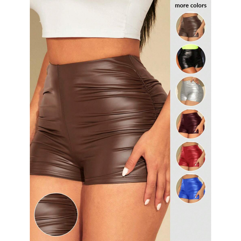 Șorturi cu patchwork din piele PU, lungime gleznă, croială lejeră, ușoară elasticitate, țesătură CVC