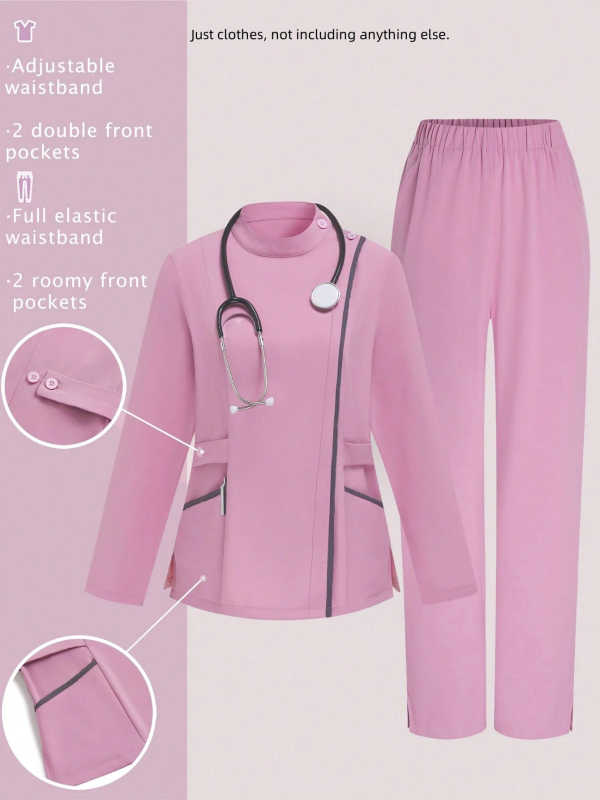 Divu daļu medicīniskā darba apģērba komplekts: garas piedurknes, stāvošs apkaklis, izšūta mala, poliestera-elastāna audums