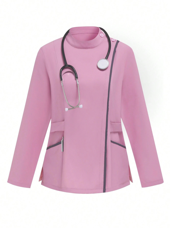 Divu daļu medicīniskā darba apģērba komplekts: garas piedurknes, stāvošs apkaklis, izšūta mala, poliestera-elastāna audums