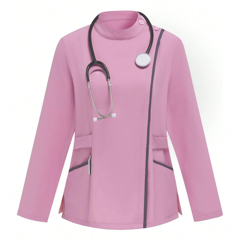 Divu daļu medicīniskā darba apģērba komplekts: garas piedurknes, stāvošs apkaklis, izšūta mala, poliestera-elastāna audums