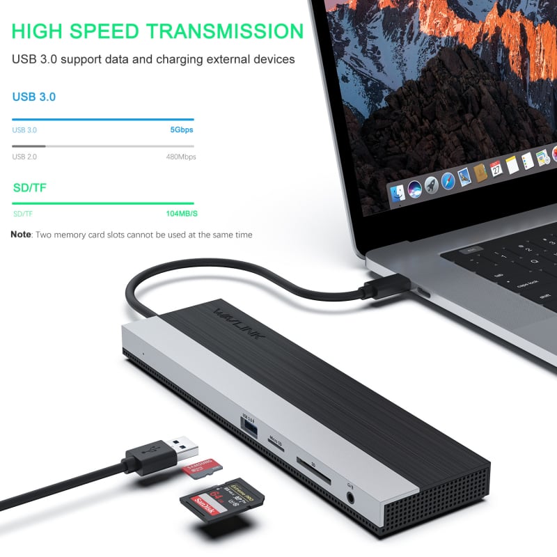 USB-C dokavimo stotis WL-UMD03, tri-monitorių rodymas, 1080P, OS nepriklausoma, saugumo stebėjimui