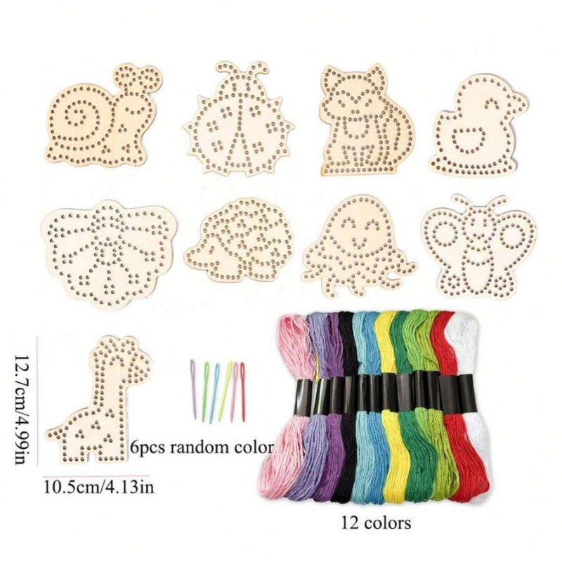 Детски комплект за кръстат бод с дървено животно, DIY дървен занаят и висяща дървена украса, модерен минималистичен стил