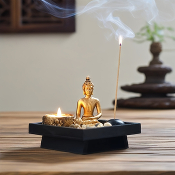 Suport pentru tămâie cu tavă Zen de nisip – decor din rășină și lemn, brand YFNT